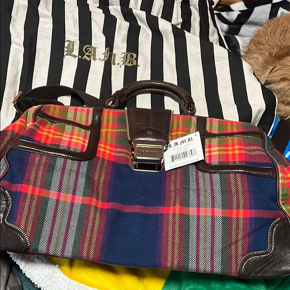 L.A.M.B. Red and Blue Duffel Bag NWT
